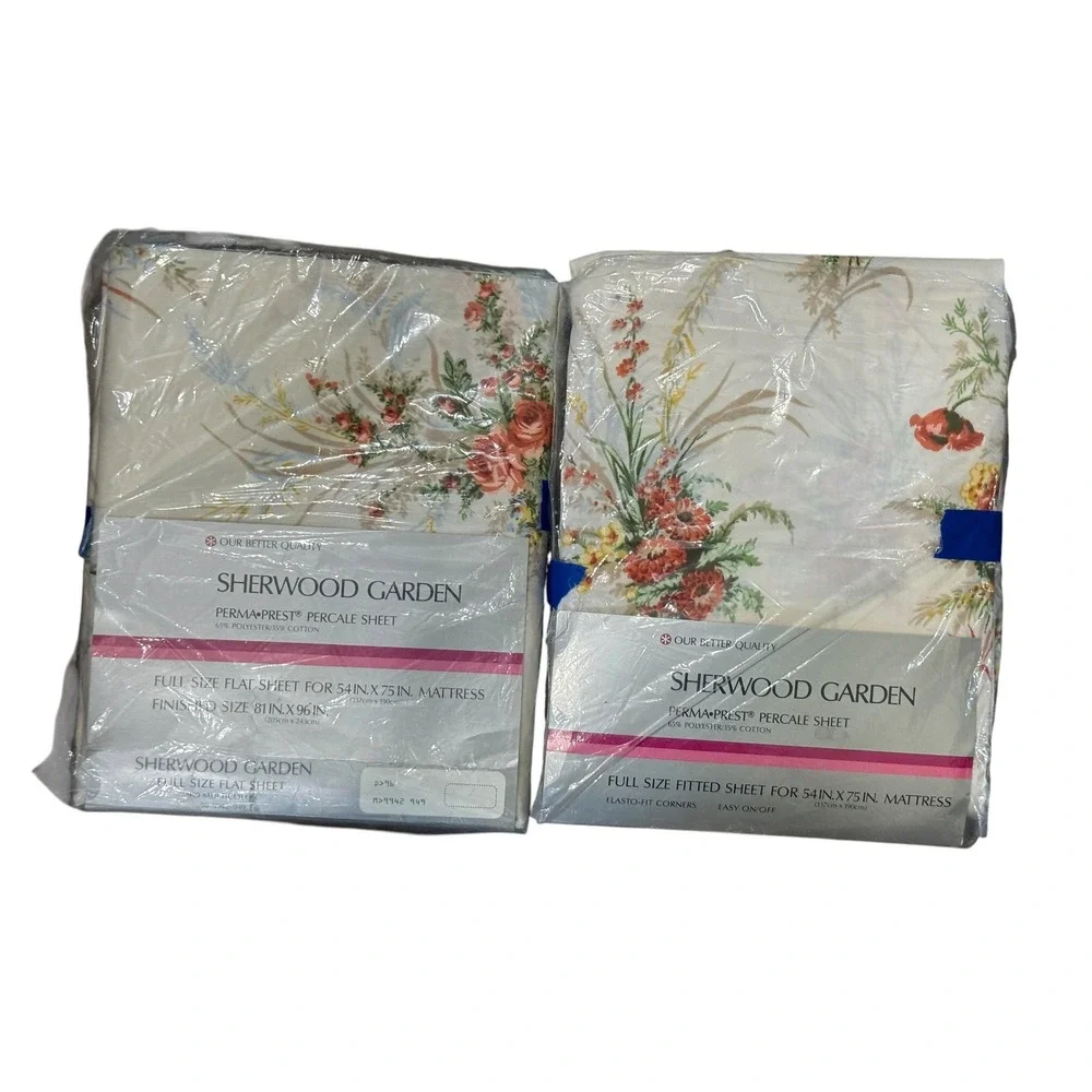 Vintage 70s Garden Full Sheet Set Flat Fitted Percale Floral Perma Prest Cottage